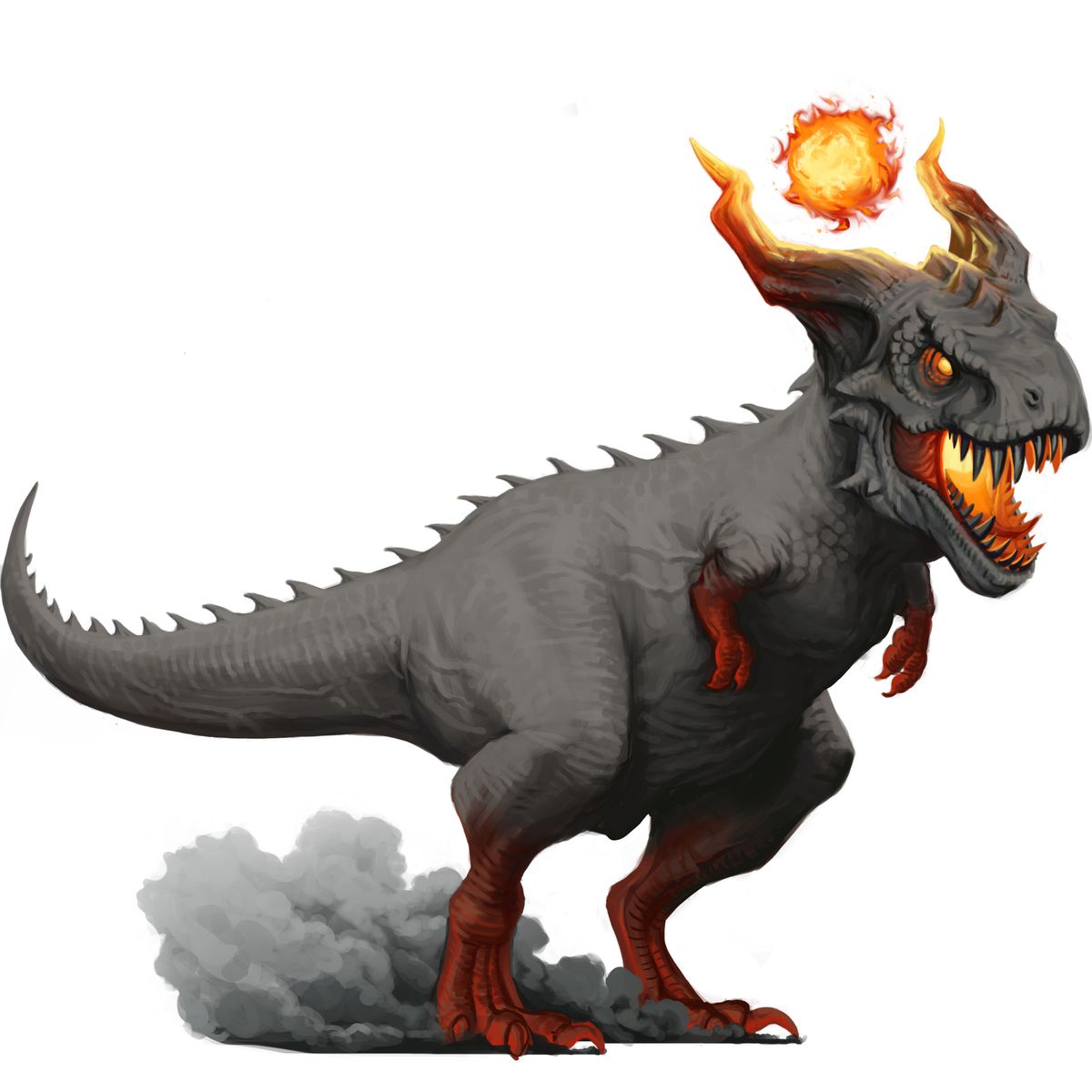 Kabaca bir t-rex'e benzeyen ancak boynuzları ve başının üzerinde bir ateş topu bulunan büyük gri bir dinozor.