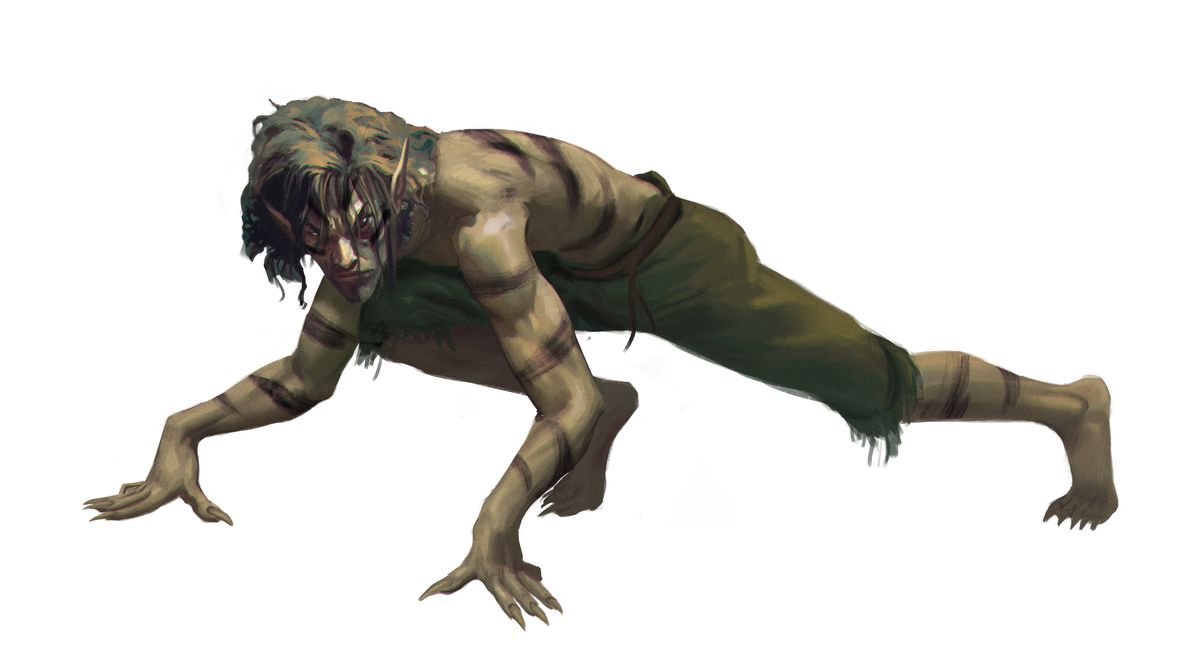 A male-presenting character with green skin, daubs of earth, and matted hair. He’s on all fours.
