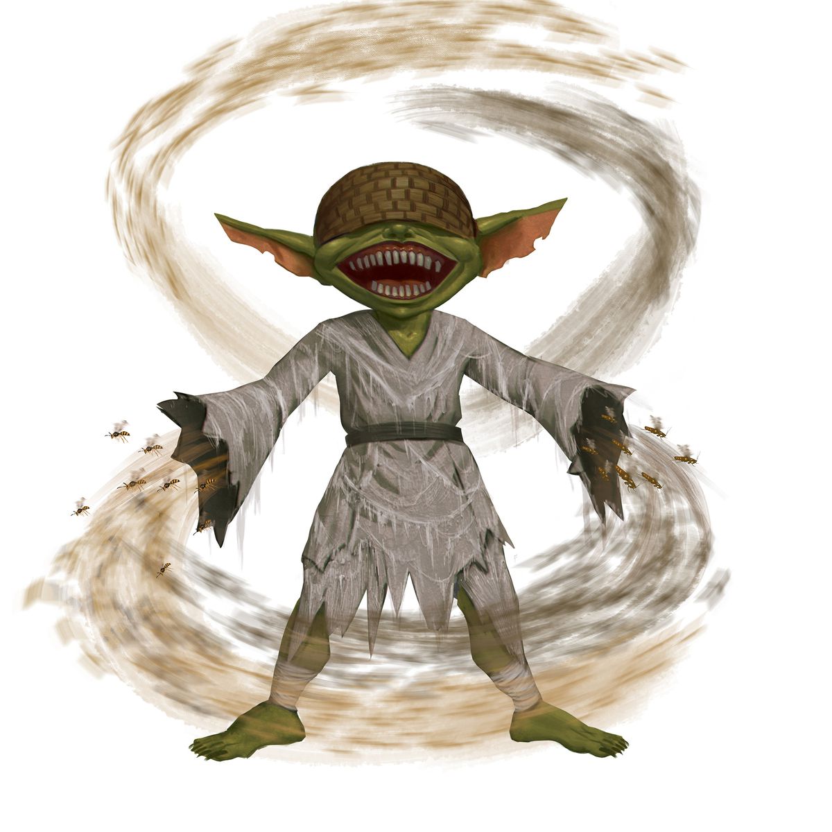 A goblin wearing a mask inspired by medieval beekeepers — with wicker bands over its eyes — calls forth a swarm of insects from beneath its tattered robes.