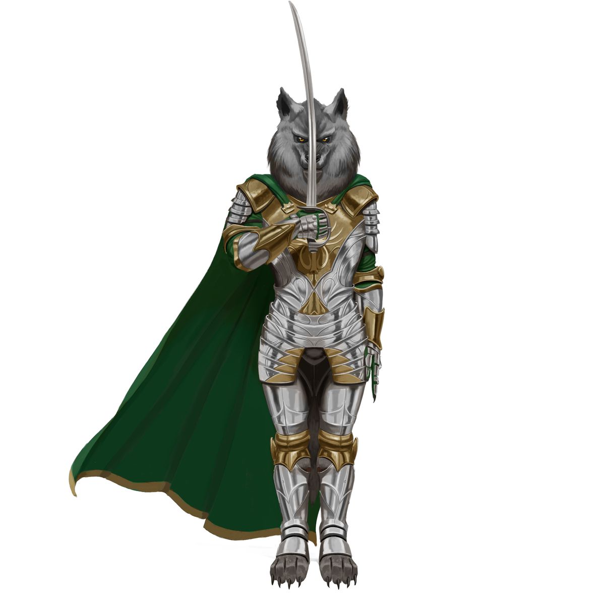A werecreature in elaborage plate armor, its feet bare and a saber raised in salute. Its cape is green.