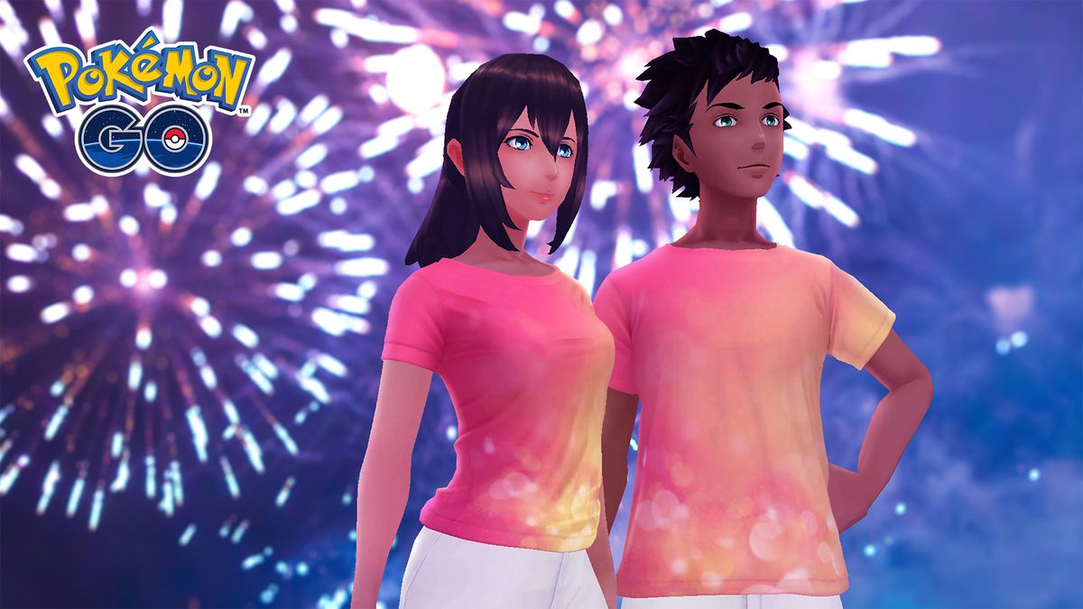 Two Pokémon Go avatars modelling Festival of Lights T-shirts while fireworks explode behind them