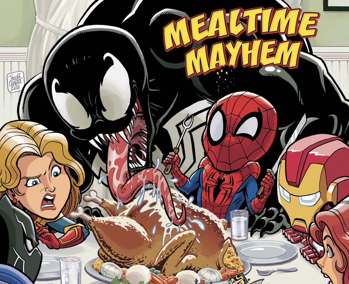 The Avengers (and Spider-Man and Venom) sit around a Normal Rockwell-style thanksgiving spread as Venom slobbers all over the turkey with his tongue, on the cover of Marvel Super Hero Adventures: Captain Marvel - Mealtime Mayhem (#1. 
