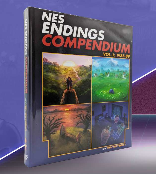 The cover for NES Endings Compendium features art inspired by classic retro games.