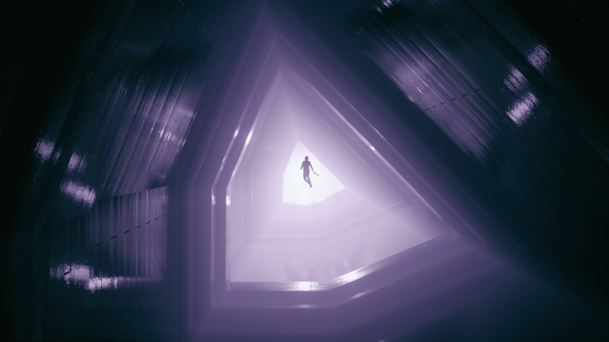 Jesse Faden floats down a purple hallway that’s shaped like a pentagon in Control