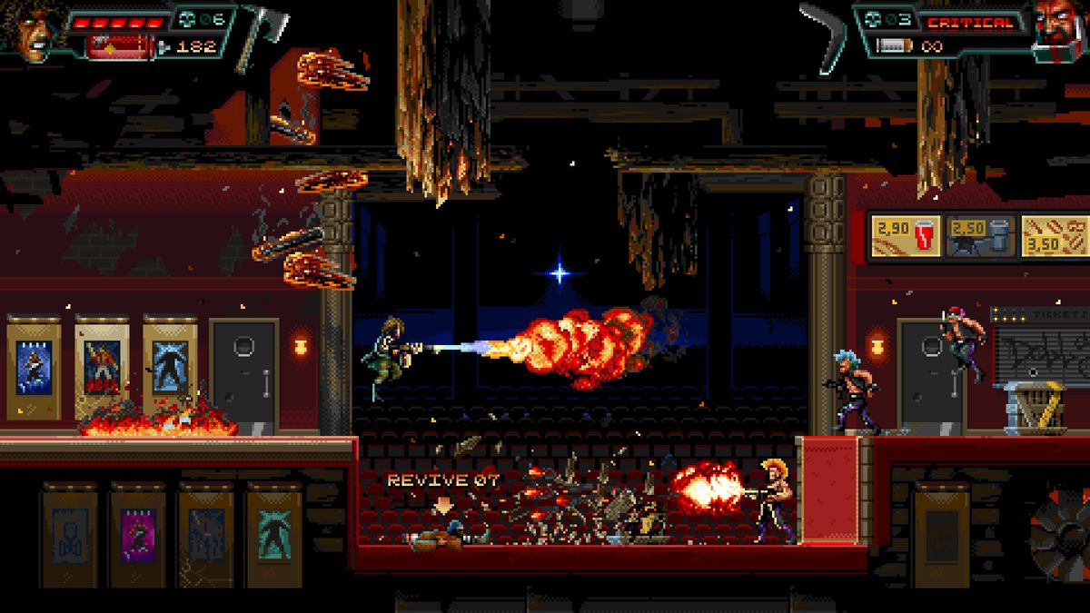 A screenshot of Anna Conda and John Sawyer shooting through a theater engulfed in flames in Huntdown.