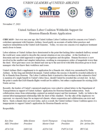 United Airlines labor coalition opposes the Houston – Haneda route application
