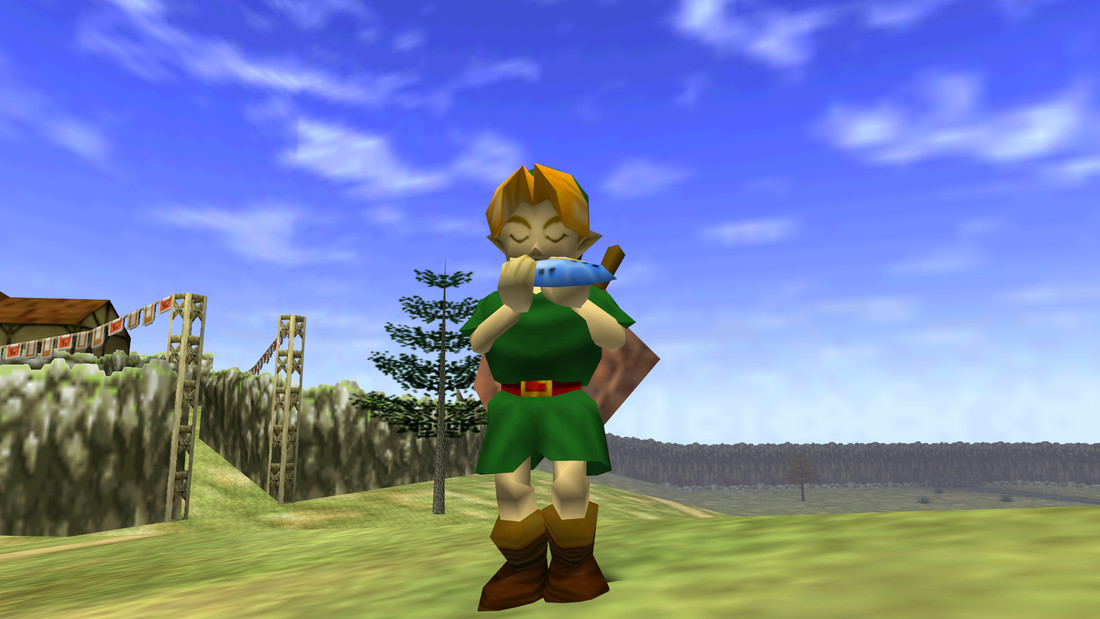 Link playing the ocarina of time in Ocarina of Time