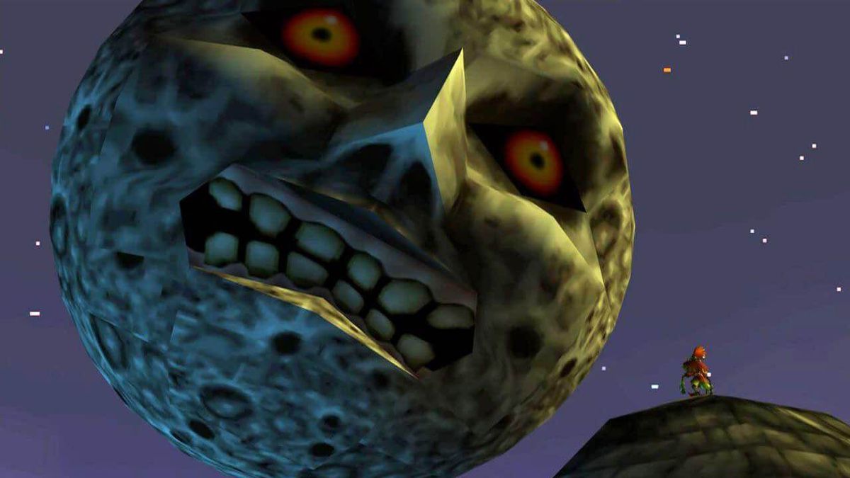 Skull Kid looks up at the moon in The Legend of Zelda: Majora’s Mask