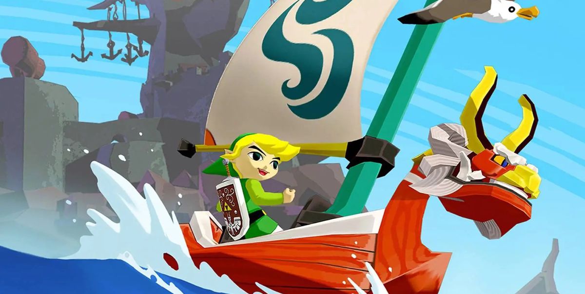 Link riding his boat and splashing water in The Legend of Zelda: The Wind Waker