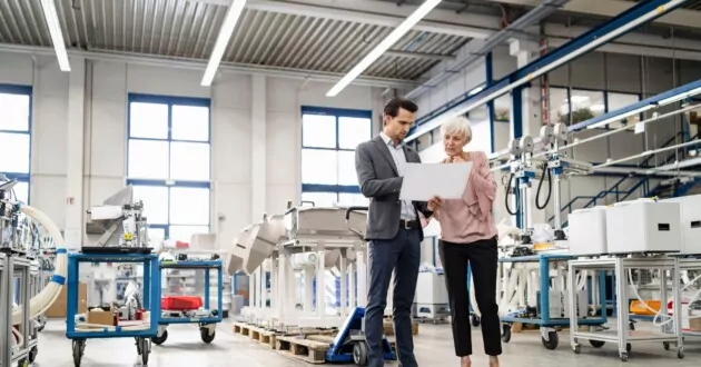 Businessman and senior woman looking at plan in a factory to implement ERP systems