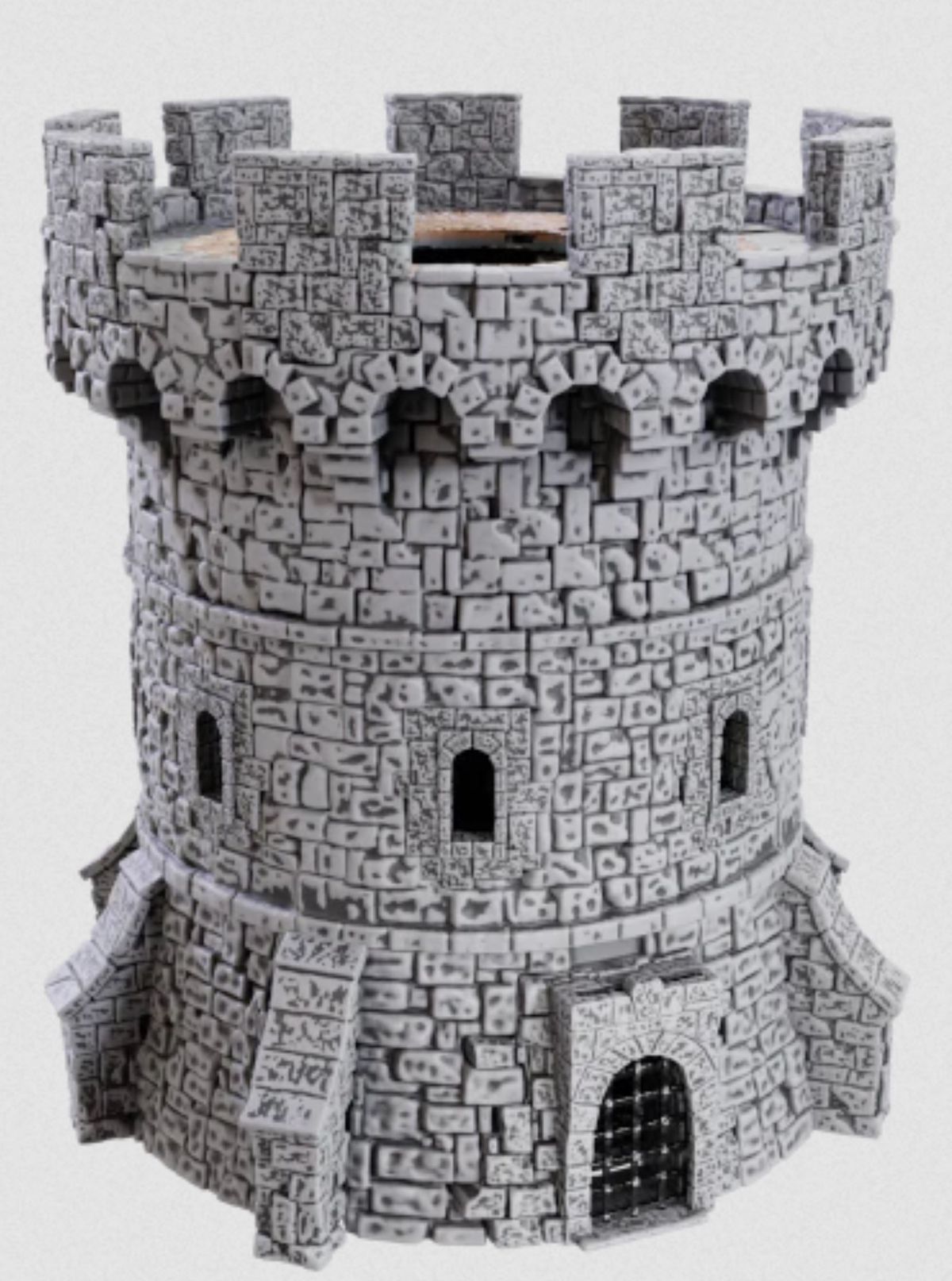 A gray plastic tower with wooden accents. There’s a portcullis at the bottom.