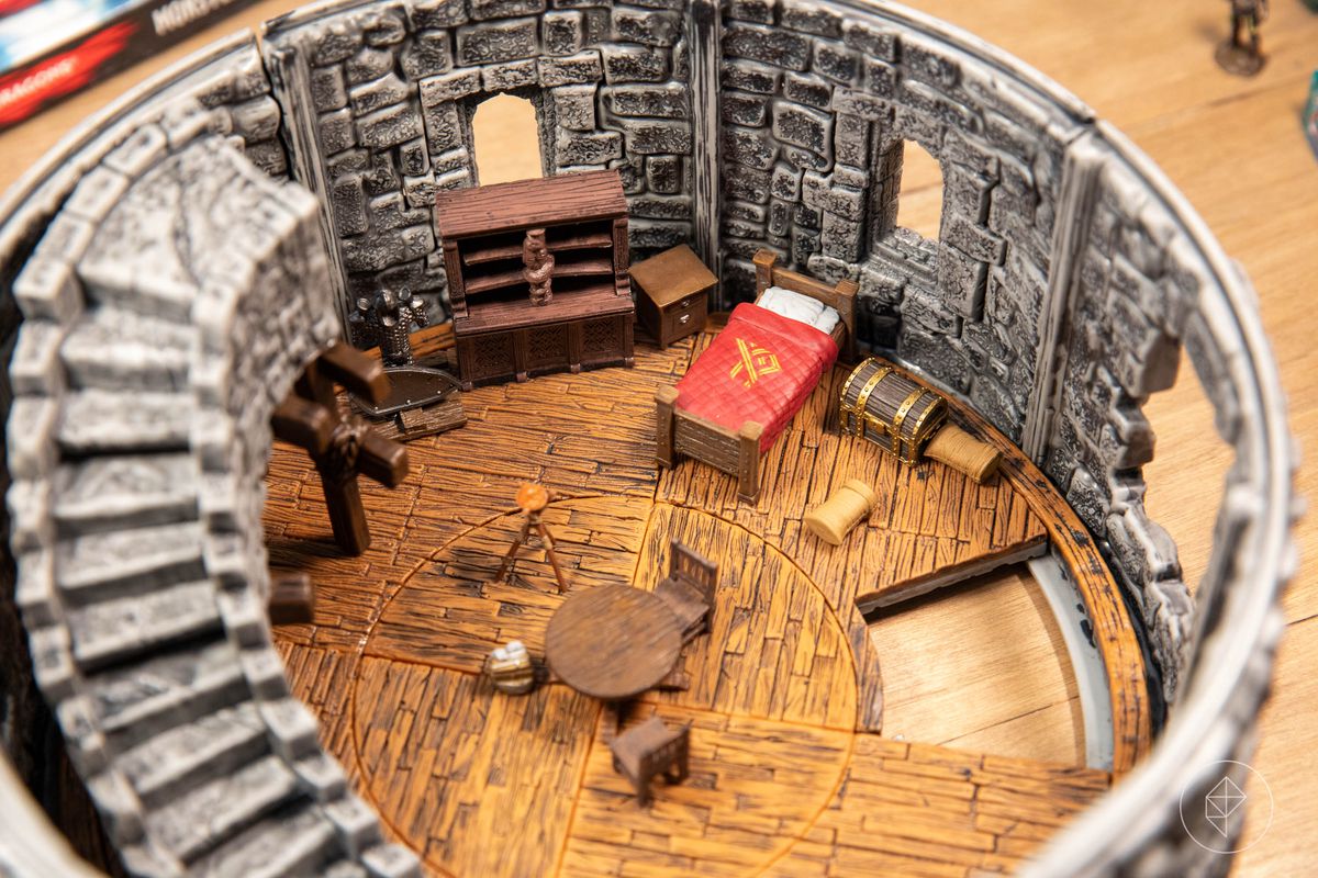 An interior scene from inside the WizKids Watchtower terrain set.