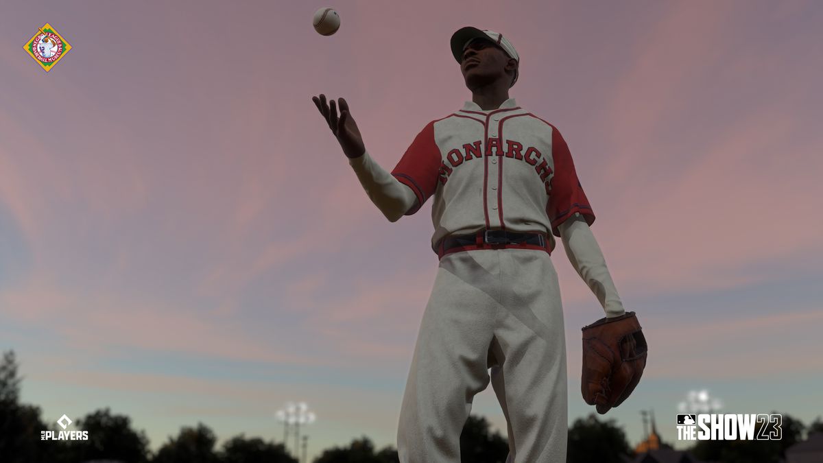 Satchel Paige of the Kansas City Monarchs tosses a baseball in the air at dusk in MLB The Show 23’s Storylines mode