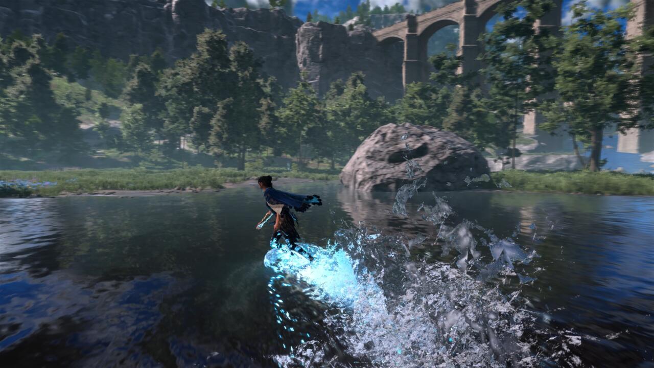 Frey surfing across a lake with water magic.