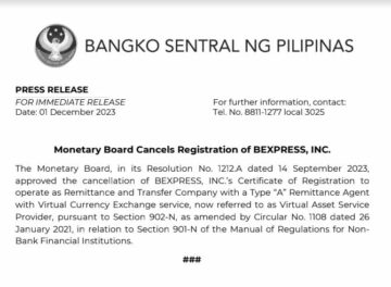 BSP Monetary Board Cancels Bexpress' VASP Crypto License | BitPinas