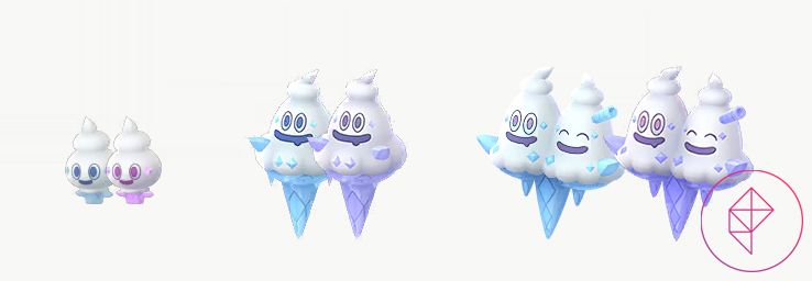 Vanillite, Vanillish, and Vanilliuxe with their shiny forms in Pokémon Go. Shiny Vanillite is pink, but the others turn a darker blue or indigo.