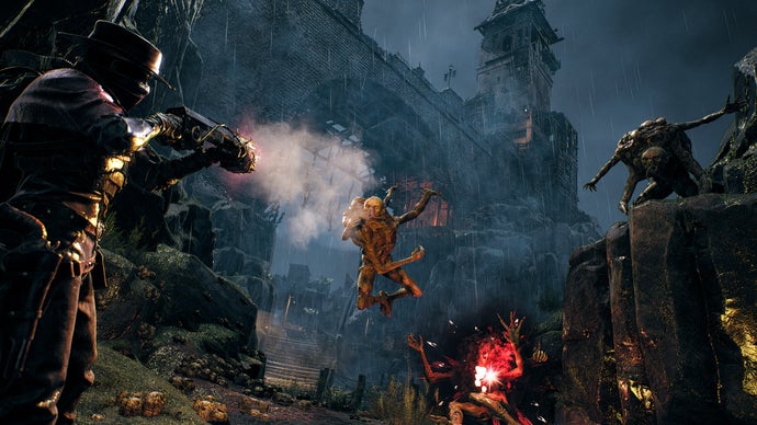 A screenshot of Remnant 2's The Awakened King DLC showing a player attacking seemingly amphibious enemies while an imposing castle looms overhead.