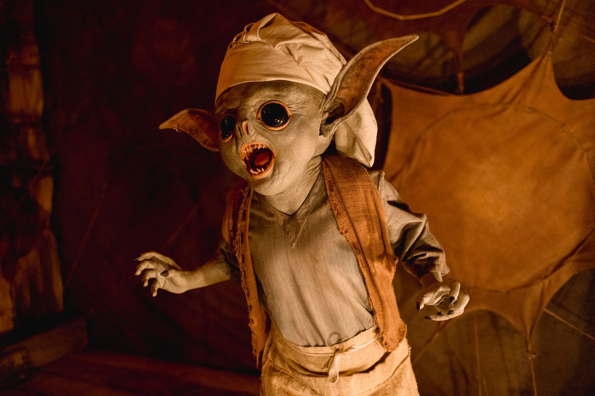 Close up of a Gobin, a little goblin creature dressed like a peasant with a nightcap