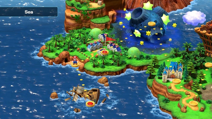 Bu, Super Mario RPG'nin harita ekranının, konumlar arasındaki yolu gösteren deniz kenarı bölümünü gösteren bir ekranıdır.