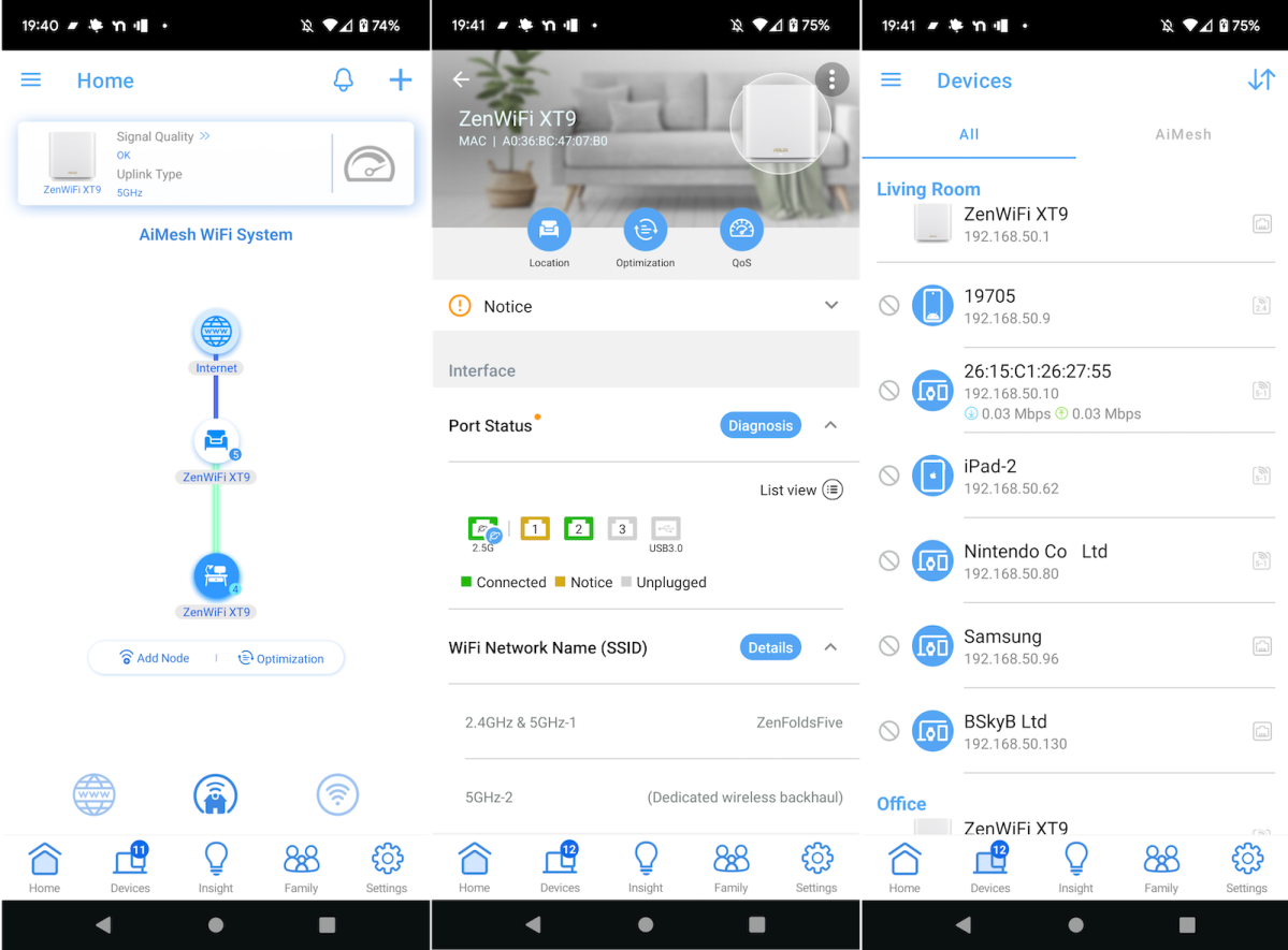 Screenshots der Android-App Asus ZenWiFi XT9 Asus Router, die die Netzwerkkarte und den Verbindungsstatus aller verbundenen Clients anzeigen