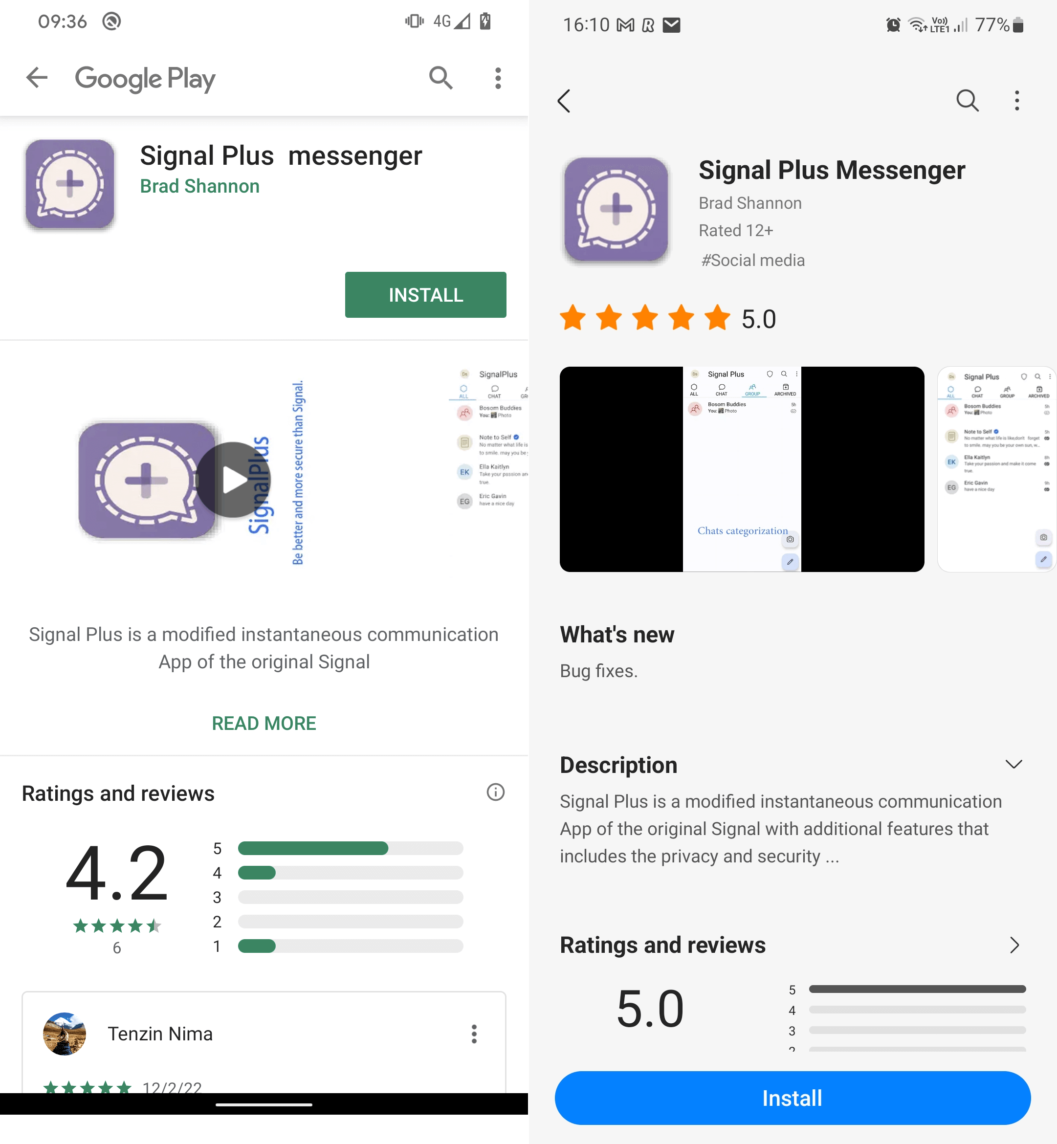 Figur 2. Den ondsinnede Signal Plus Messenger-appen en gang tilgjengelig på Google Play (venstre) og Samsung Galaxy Store (høyre)