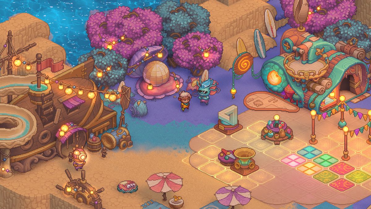 A colorful, floral area of Bandle City, lit with lamp posts and lights strung up on lines, in Bandle Tale: A League of Legends Story