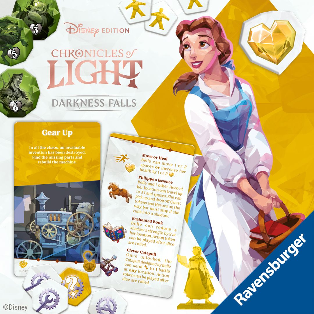 An illustration of Belle, featuring a small figurine of her and a card detailing some of the actions she can take in the game. 