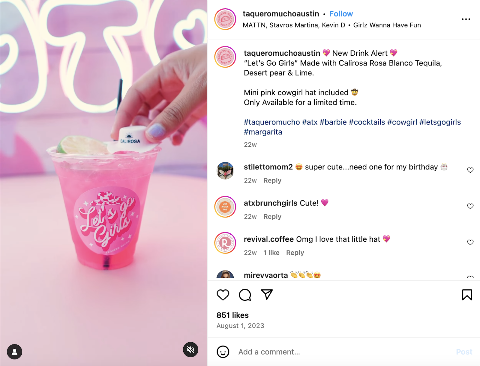 Idei creative de marketing: o băutură roz pe tema Barbie de la Taquero Mucho Austin.