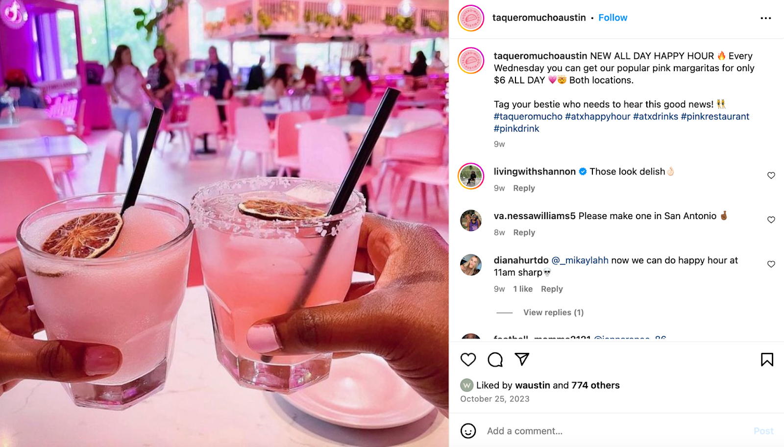Idei de marketing pentru restaurante: Taquero Mucho, cu sediul în Austin, infuzează rozul său semnătură în orice, de la mesele și scaunele sale până la margaritas.