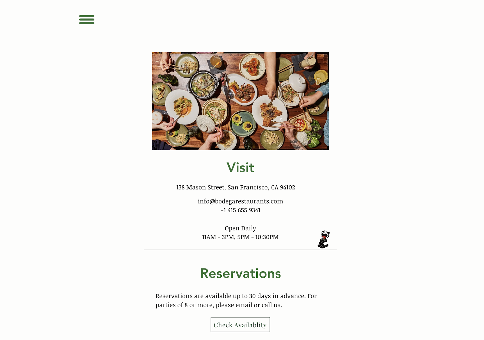 Idei de marketing pentru restaurante: un site simplu pentru restaurantul Bodega din San Francisco. Pagina web include informații de contact, orele și un link de rezervare.