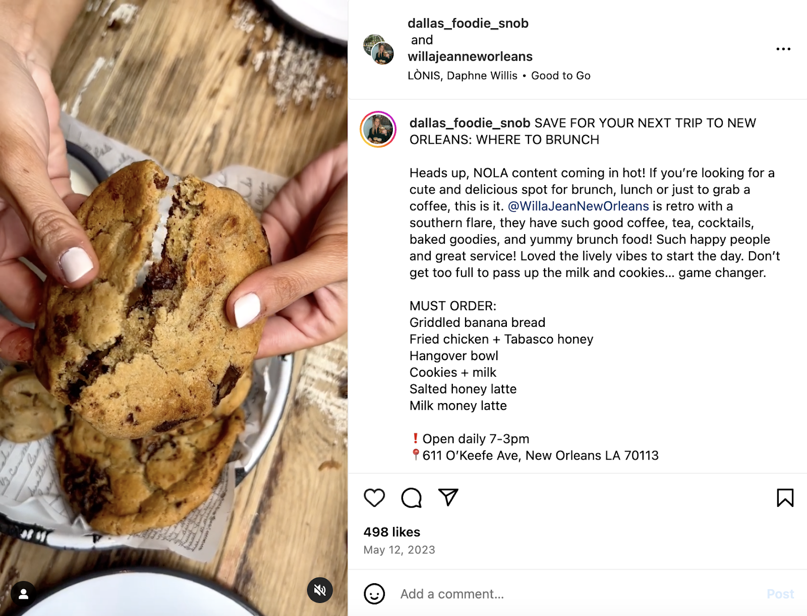 Idei creative de marketing pentru restaurante: o postare de influență pe care Willa Jean, un restaurant din New Orleans, a redistribuit-o pe pagina sa de Instagram.