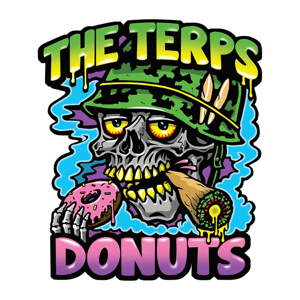 Logotip Terps Donuts z lobanjo s čelado, krofom in sklepom