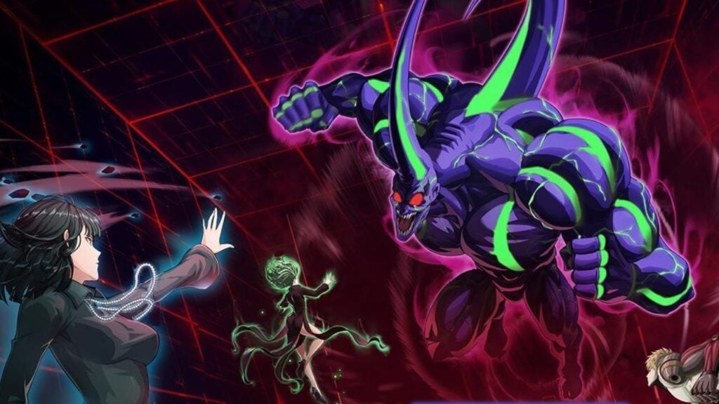 Feature image for our One Punch Man World codes guide. It shows several hero characters battling a large purple monster.
