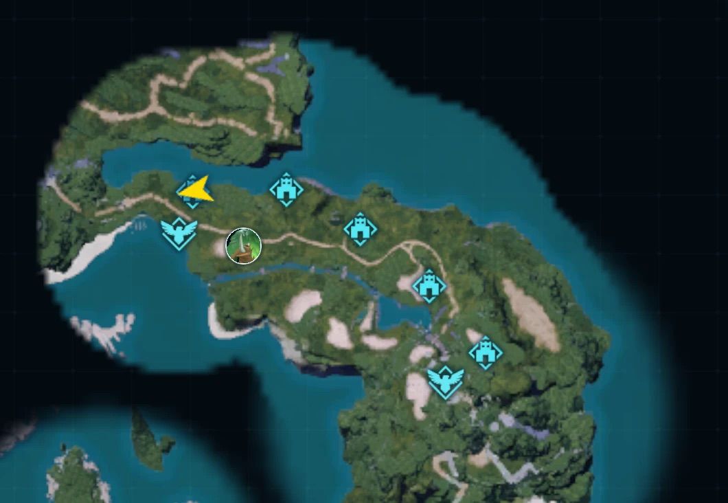 A Palworld mod shows multiple base icons on the northern shore of the map in Palworld.