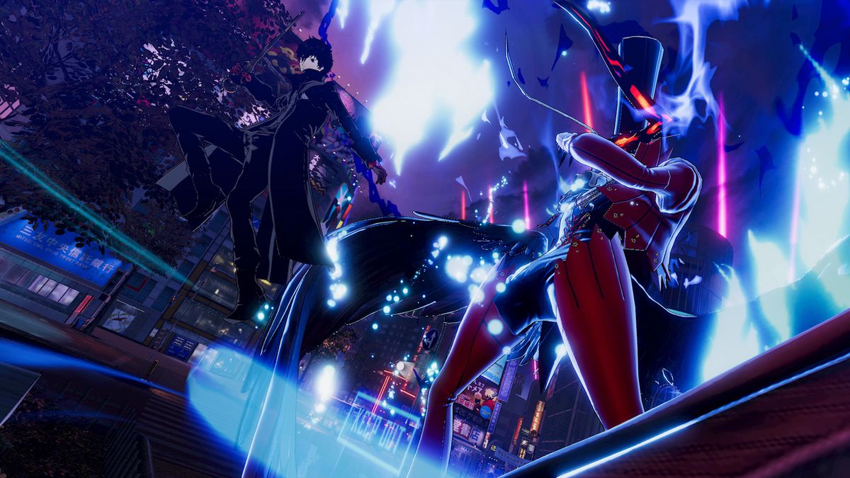 The characters from Persona 5 Strikers strike action poses in a colorful neon image