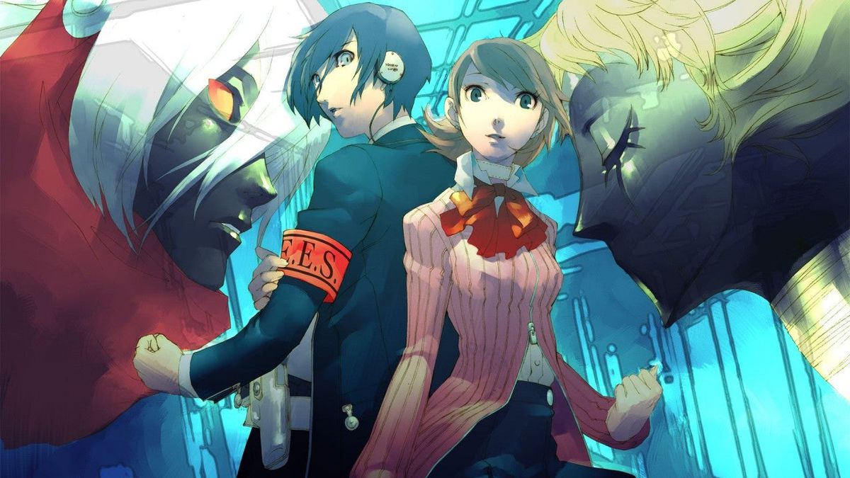 Protagonists from Persona 3 FES look shocked, as two large faces loom to the side of them, in what looks like a watercolor image
