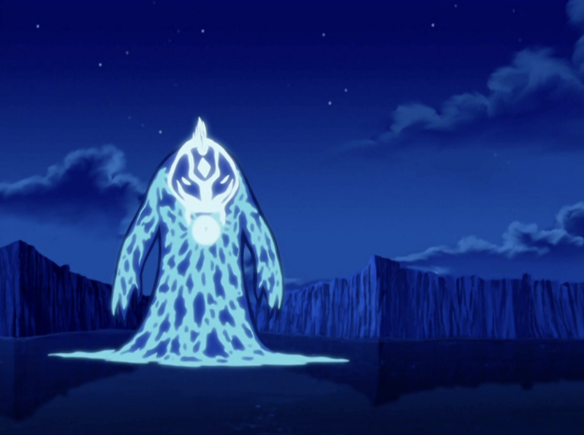 Aang in his avatar state combined with the moon spirit to become a giant water monster in the season 1 finale