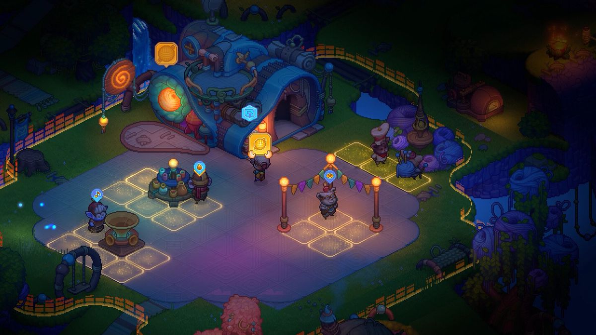 A night time festival in Bandle Tale: A League of Legends Story, with stations set up for guests to gather around and enjoy themselves.
