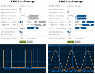 ESP32-oscilloskop hopper over skjermen for nettleseren