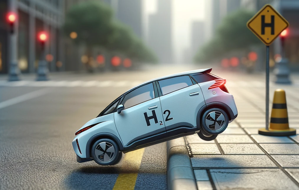 ChatGPT & DALL-E generated image representing the concept of hydrogen vehicle sales declining sharply, with a miniature model of a hydrogen fuel cell car metaphorically falling off a curb