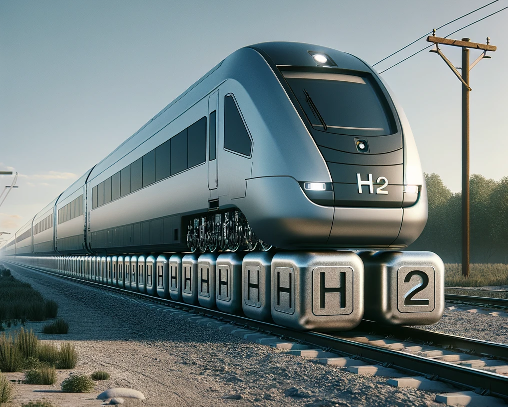 ChatGPT & DALL-E generated image of a modern passenger train with square wheels made of solid blocks of metal, marked with "H2" on its side, illustrating its hydrogen fuel cell power source