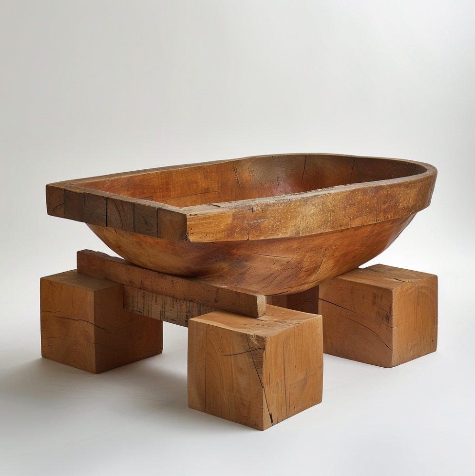 Midjourney generated image of a wooden tub resting on four square blocks