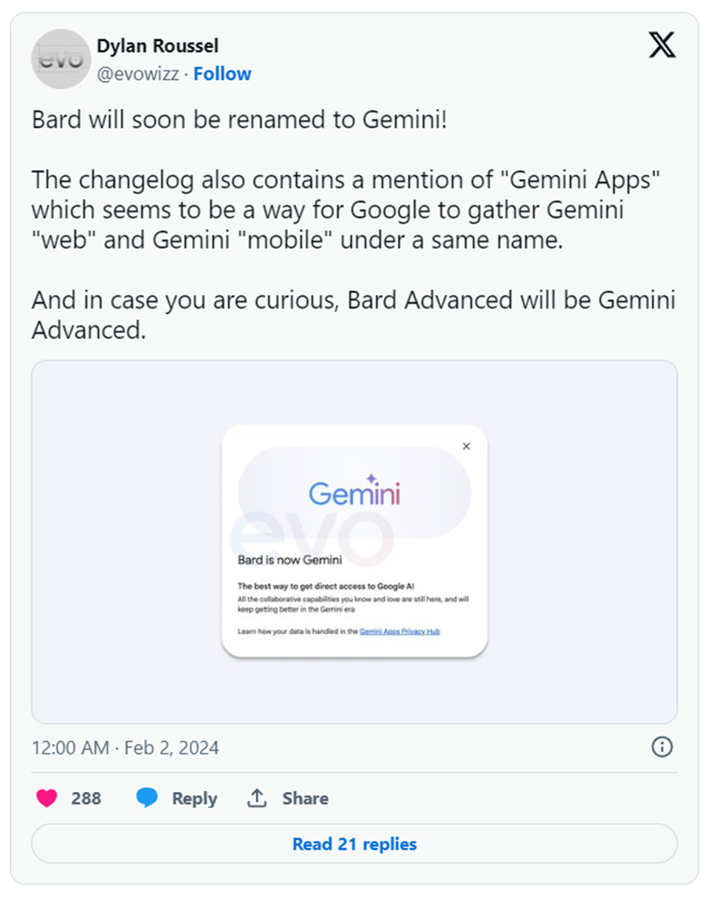 Google Bard to be renamed Gemini