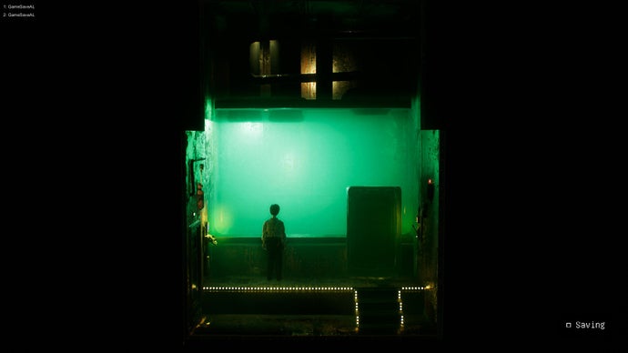 哈罗德大比目鱼截图显示哈罗德在一个方形房间里，里面装满了发光的绿松石液体。