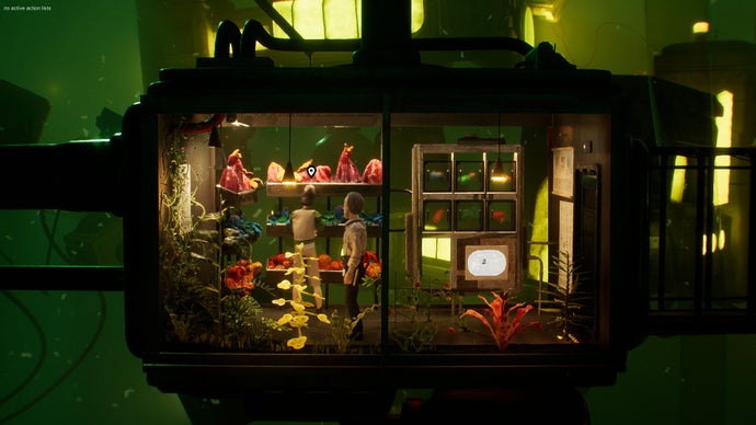Harold Halibut screenshot showing Harold in a small room full of plant life