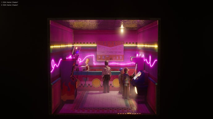 Harold Halibut screenshot showing Harold in a neon pink themed gaming arcade store