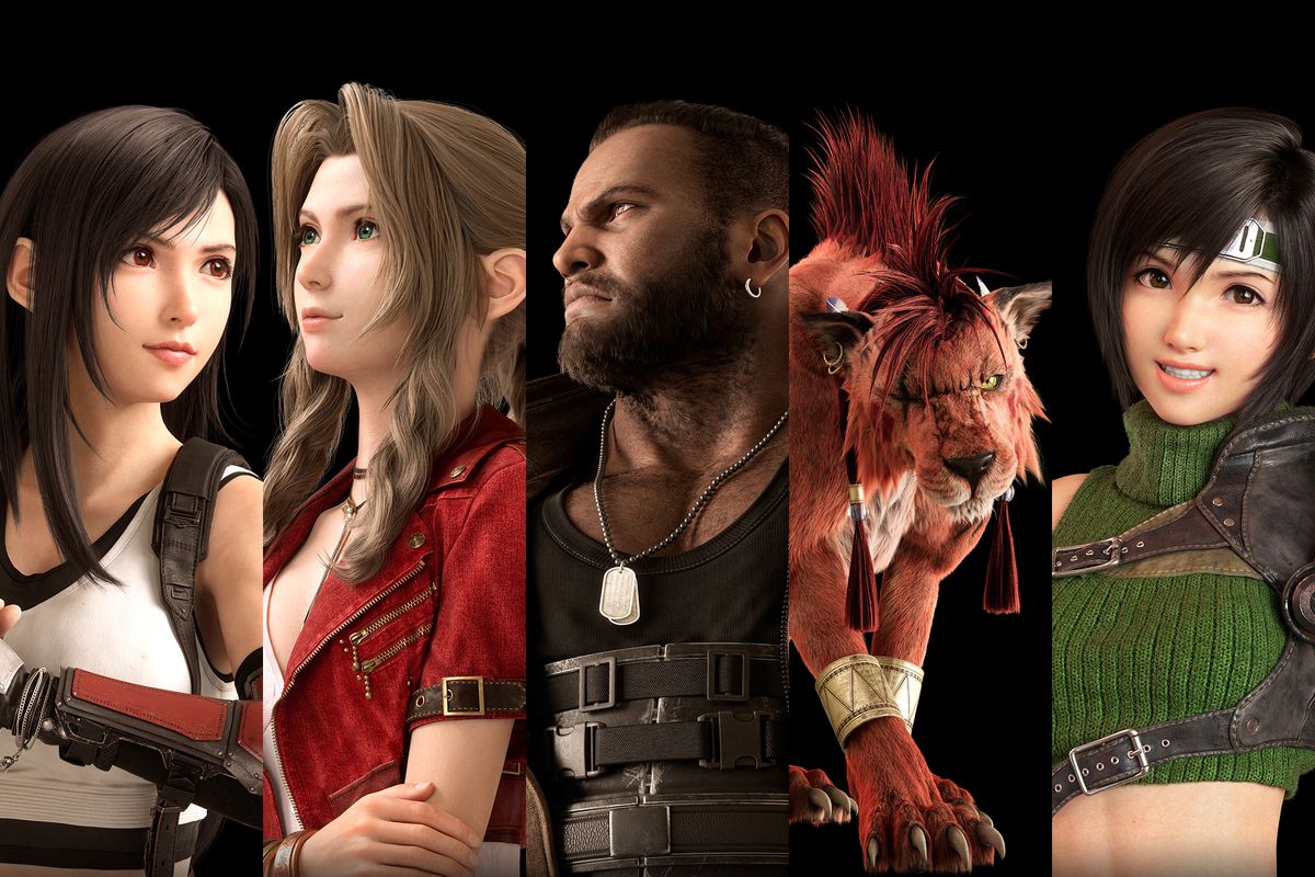 A sliced image of Tifa, Aerith, Barret, Red XIII, and Yuffie, as they appear in FF7 Rebirth.