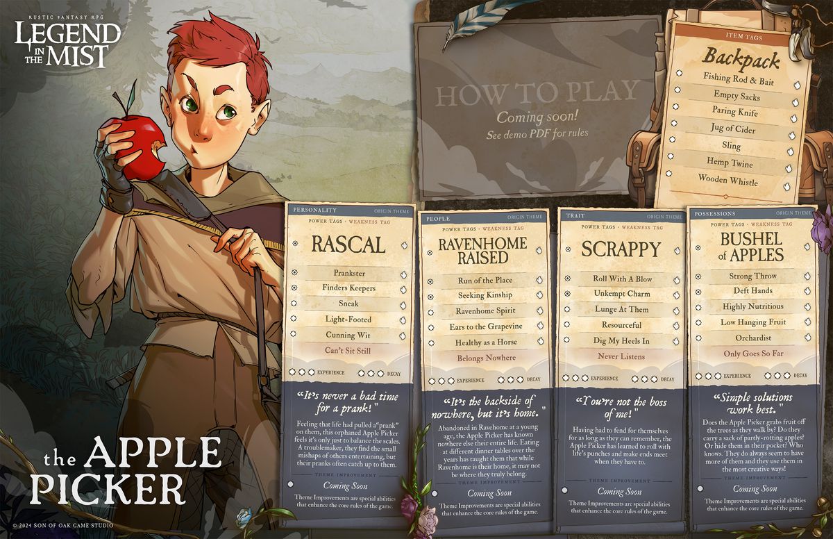 A character sheet for The Apple Picker from Legend in the Mist. Here the character is shown as a small, red-haired boy gnawing on an apple. He’s giving some really strong side-eye.