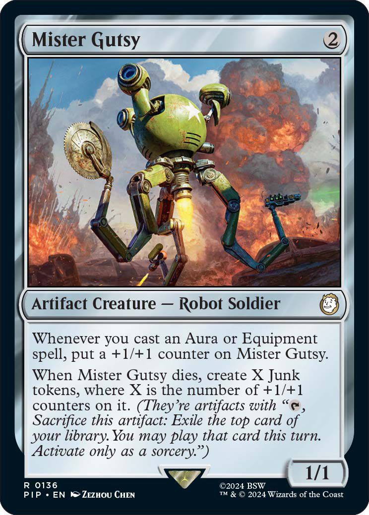 Mister Gutsy, a multi-armed robot next to an explosion, as a Magic: the Gathering Card. The card’s description reads: Whenever you cast an Aura or Equpiment spell, put a +1/+1 counter on Mister Gutsy. When Mister Gutsy dies, create X Junk Tokens, where X is the number of +1/+1 counters on it.