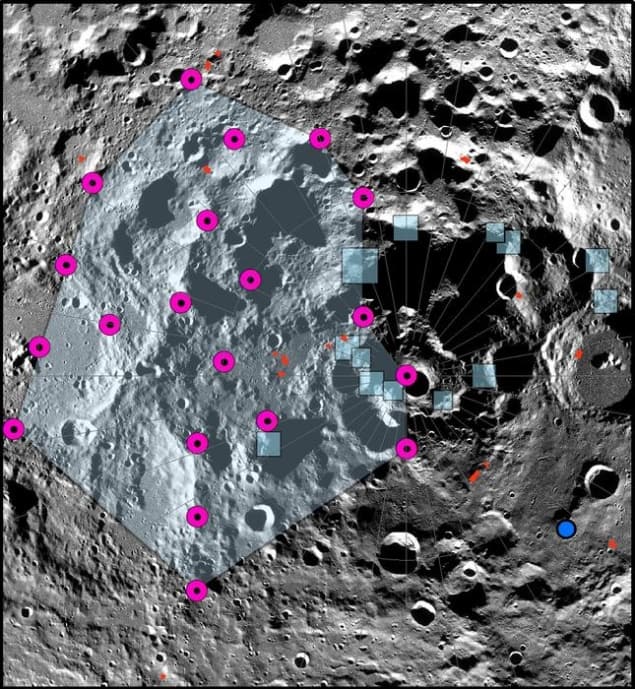 Photograph of the Moon's south pole with overlays showing craters, possible epicentre locations and the Artemis III landing regions in close proximity